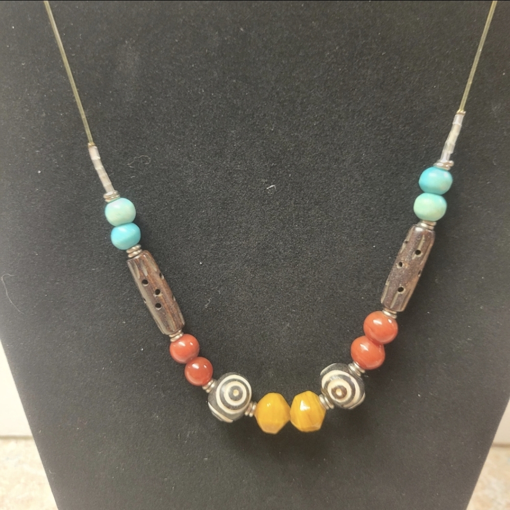 Hand Crafted Boho Brown, Blue, Red, Carmel, Black, and Yellow Bead Necklace